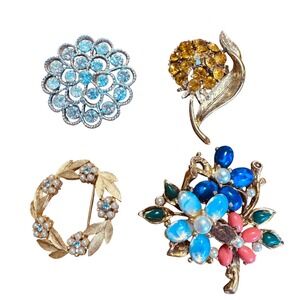 Vintage Brooch Lot 4pc Signed ART Floral Rhinestone Pearl Gold Silver Tone Pins
